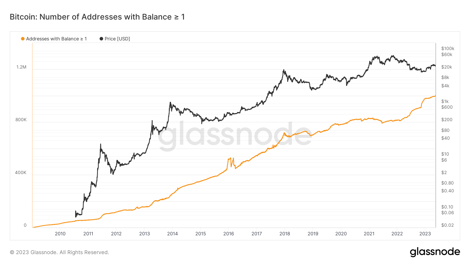 Address with balance 1 Bitcoin: (Source: Glassnode)